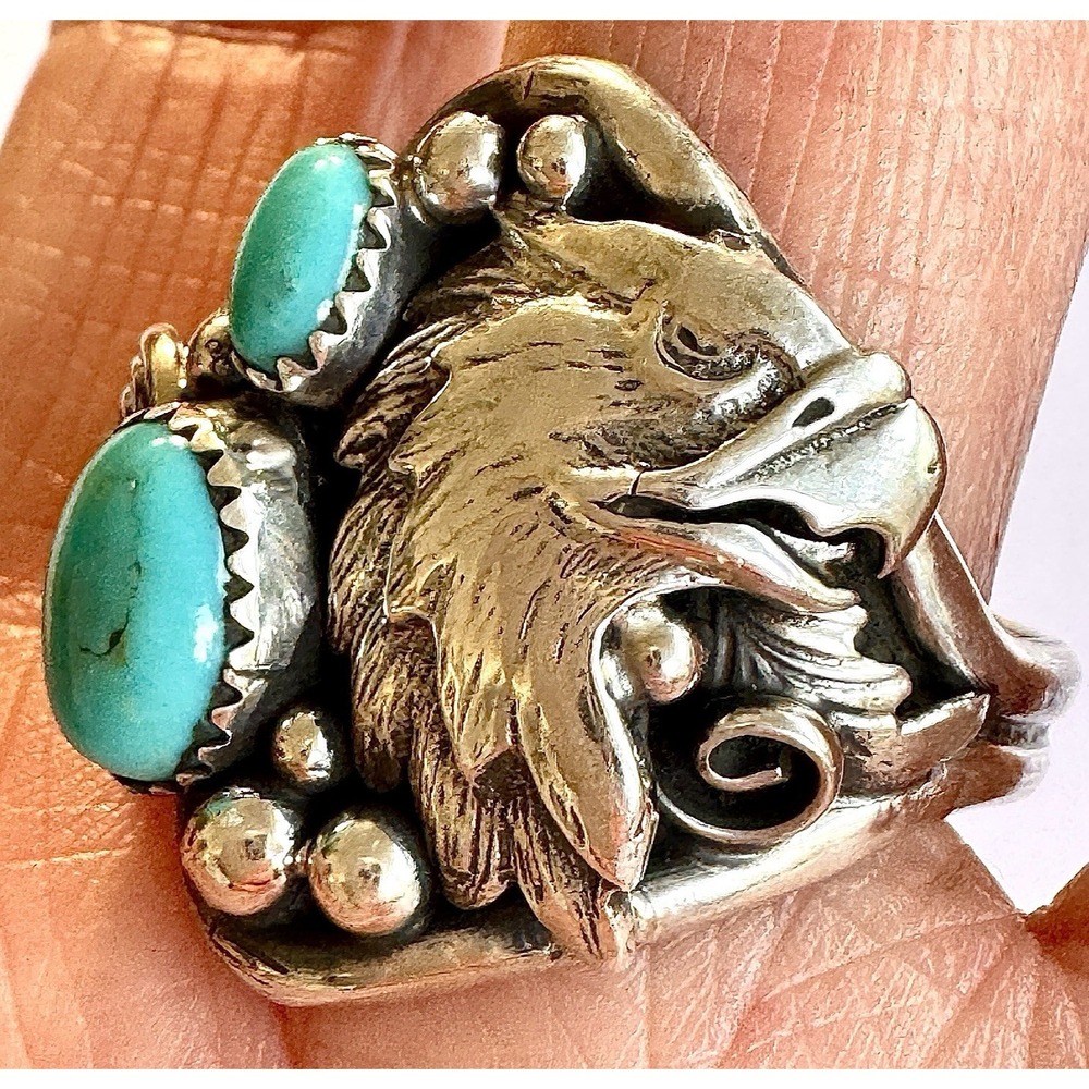Navajo Eagle Turquoise Mens Ring Sz 13 Sterling Signed DM Native American USA